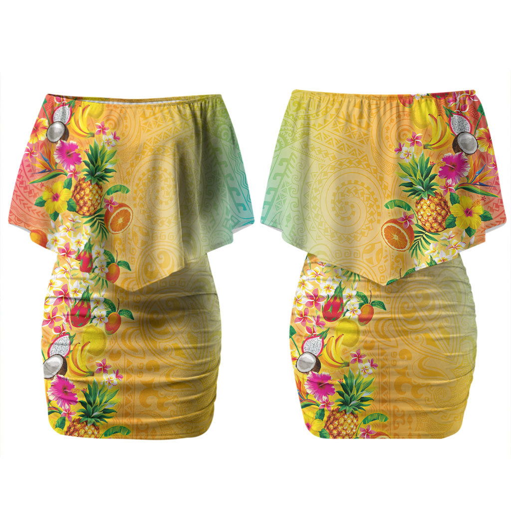 Hawaiian Tropical Fruits and Plants Family Matching Off Shoulder Short Dress and Hawaiian Shirt Kakau Pattern Summer Vibe LT03 Mom's Dress Multicolor - Polynesian Pride