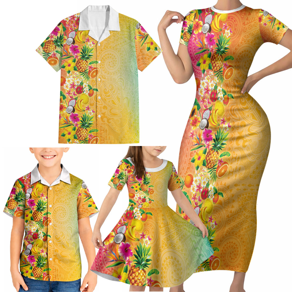 Hawaiian Tropical Fruits and Plants Family Matching Short Sleeve Bodycon Dress and Hawaiian Shirt Kakau Pattern Summer Vibe LT03 - Polynesian Pride