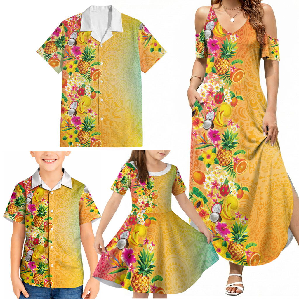 Hawaiian Tropical Fruits and Plants Family Matching Summer Maxi Dress and Hawaiian Shirt Kakau Pattern Summer Vibe LT03 - Polynesian Pride