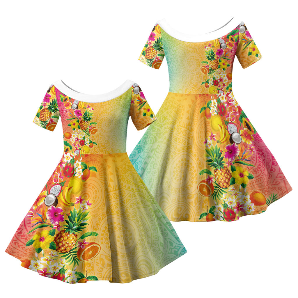 Hawaiian Tropical Fruits and Plants Family Matching Summer Maxi Dress and Hawaiian Shirt Kakau Pattern Summer Vibe LT03 Daughter's Dress Multicolor - Polynesian Pride