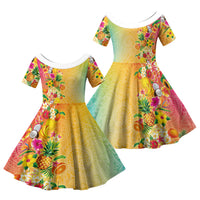 Hawaiian Tropical Fruits and Plants Family Matching Summer Maxi Dress and Hawaiian Shirt Kakau Pattern Summer Vibe LT03 Daughter's Dress Multicolor - Polynesian Pride