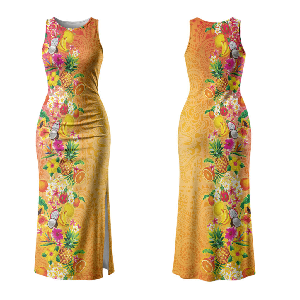 Hawaiian Tropical Fruits and Plants Family Matching Tank Maxi Dress and Hawaiian Shirt Kakau Pattern Summer Vibe LT03 Mom's Dress Multicolor - Polynesian Pride
