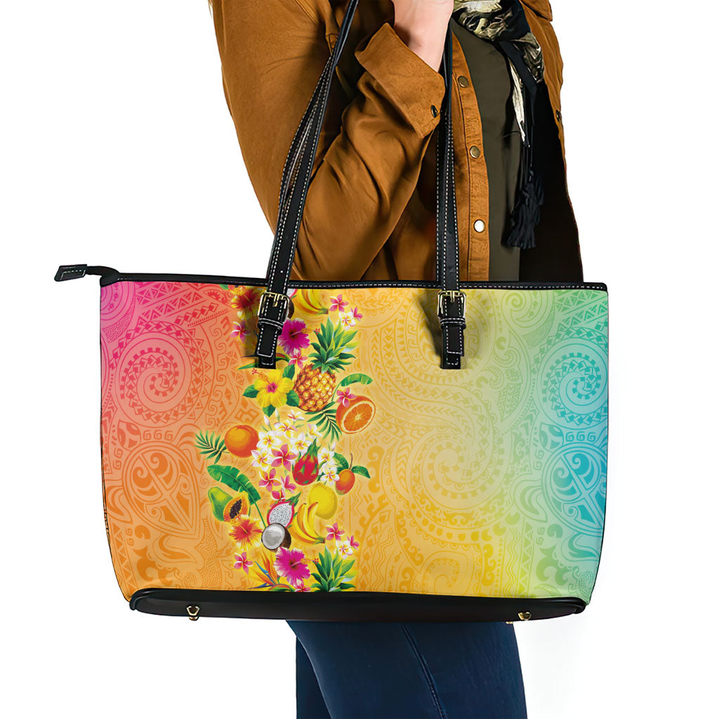 Hawaiian Tropical Fruits and Plants Leather Tote Bag Kakau Pattern Summer Vibe
