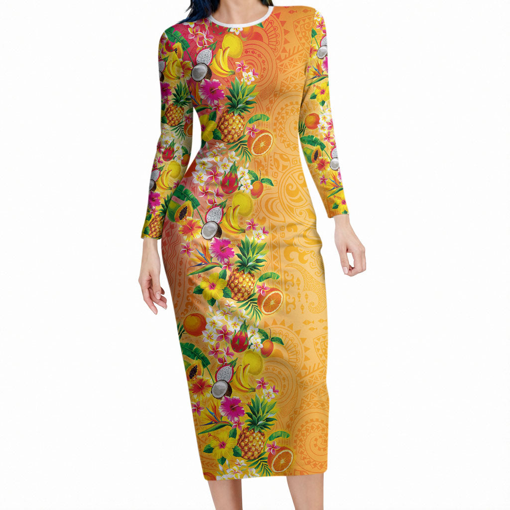 Hawaiian Tropical Fruits and Plants Long Sleeve Bodycon Dress Kakau Pattern Summer Vibe