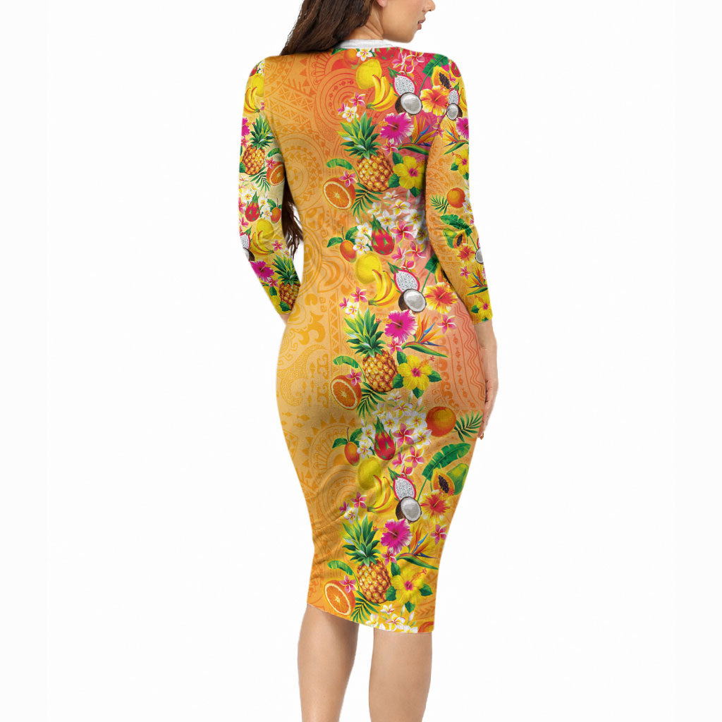 Hawaiian Tropical Fruits and Plants Long Sleeve Bodycon Dress Kakau Pattern Summer Vibe