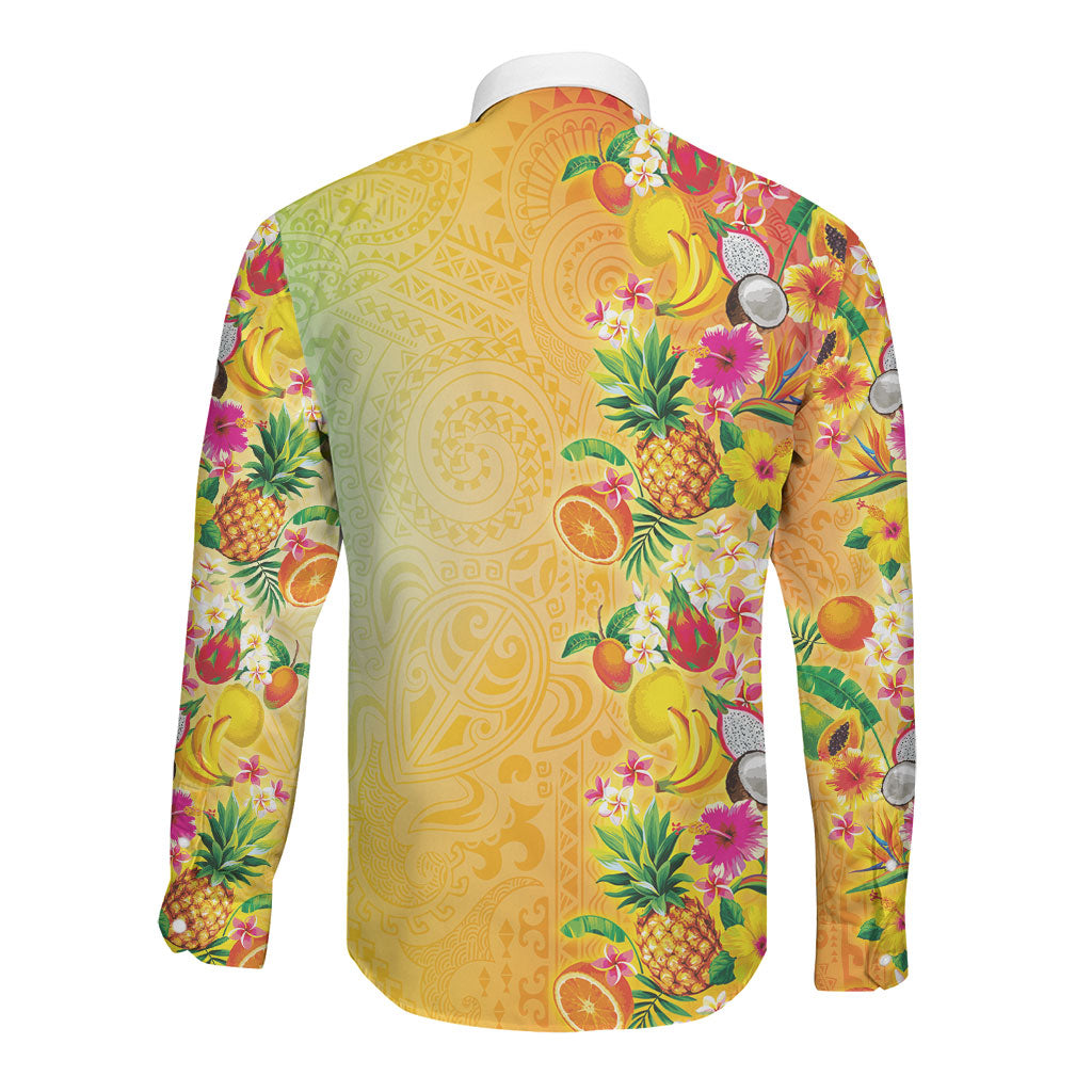 Hawaiian Tropical Fruits and Plants Long Sleeve Button Shirt Kakau Pattern Summer Vibe