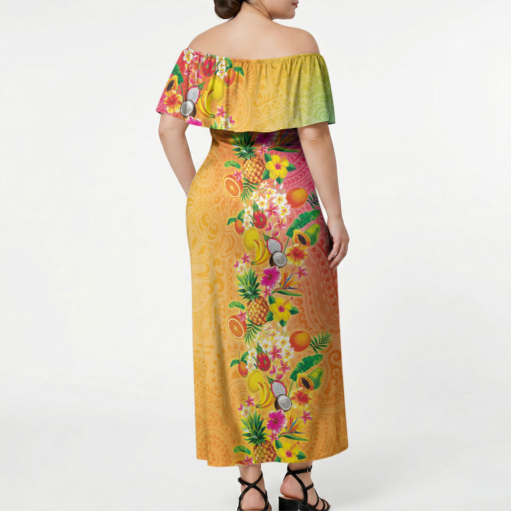 Hawaiian Tropical Fruits and Plants Off Shoulder Maxi Dress Kakau Pattern Summer Vibe