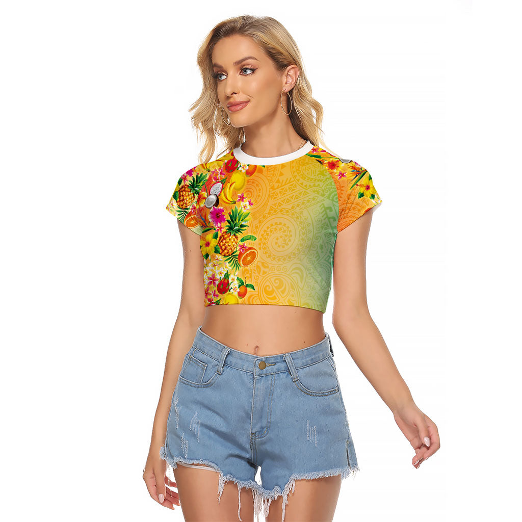 Hawaiian Tropical Fruits and Plants Raglan Cropped T Shirt Kakau Pattern Summer Vibe
