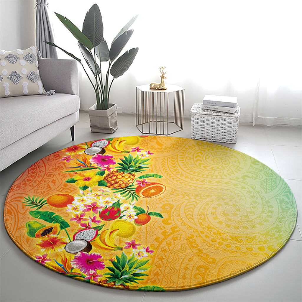 Hawaiian Tropical Fruits and Plants Round Carpet Kakau Pattern Summer Vibe