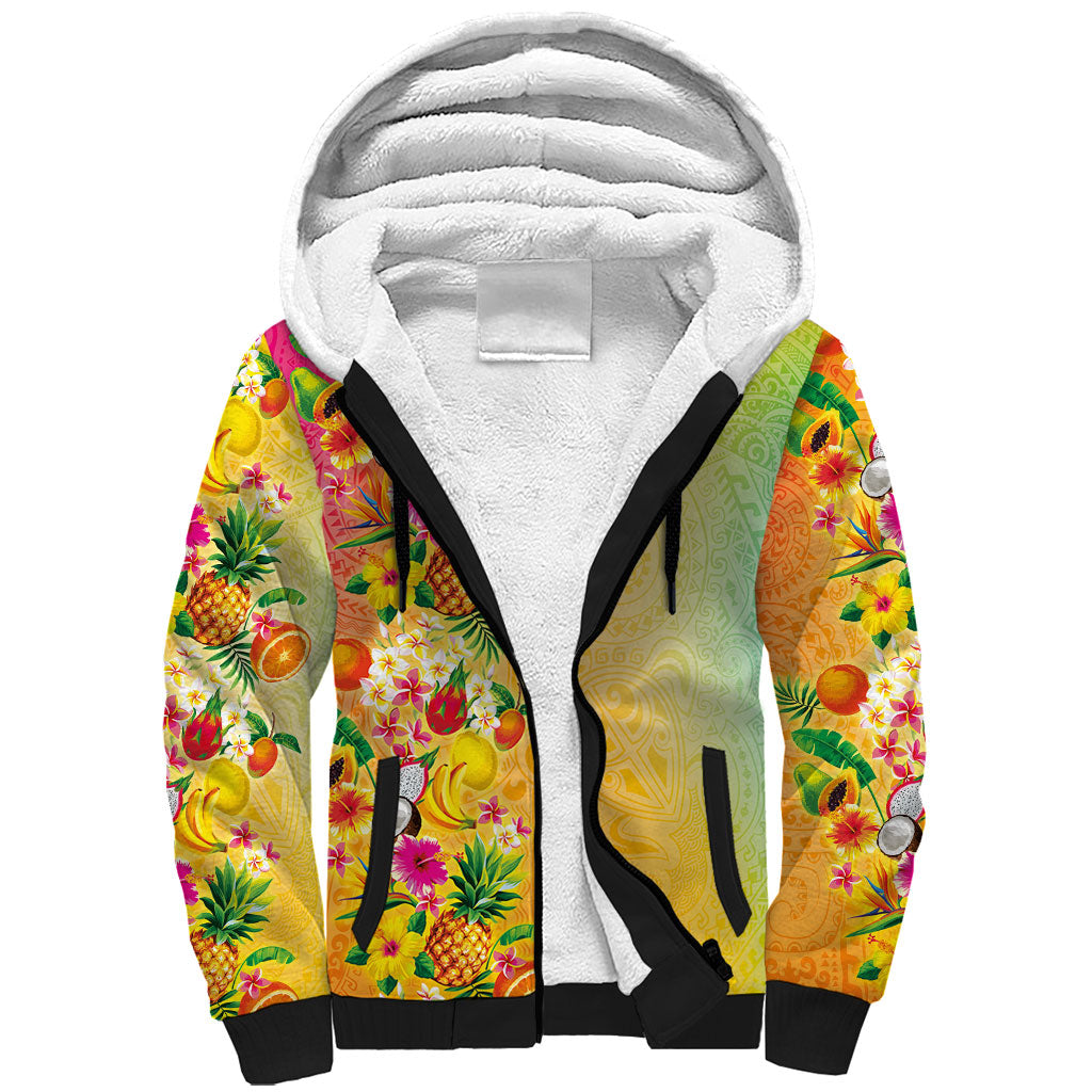 Hawaiian Tropical Fruits and Plants Sherpa Hoodie Kakau Pattern Summer Vibe