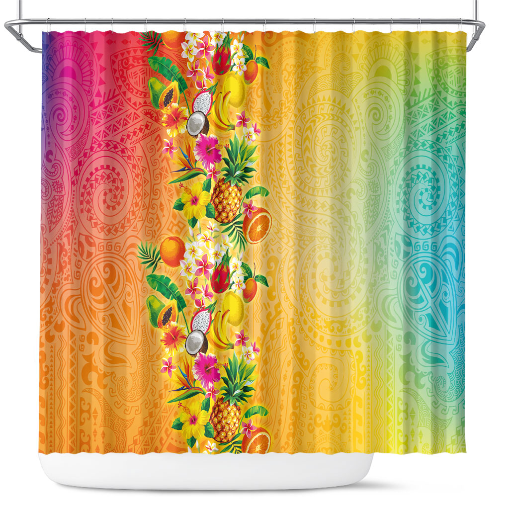 Hawaiian Tropical Fruits and Plants Shower Curtain Kakau Pattern Summer Vibe