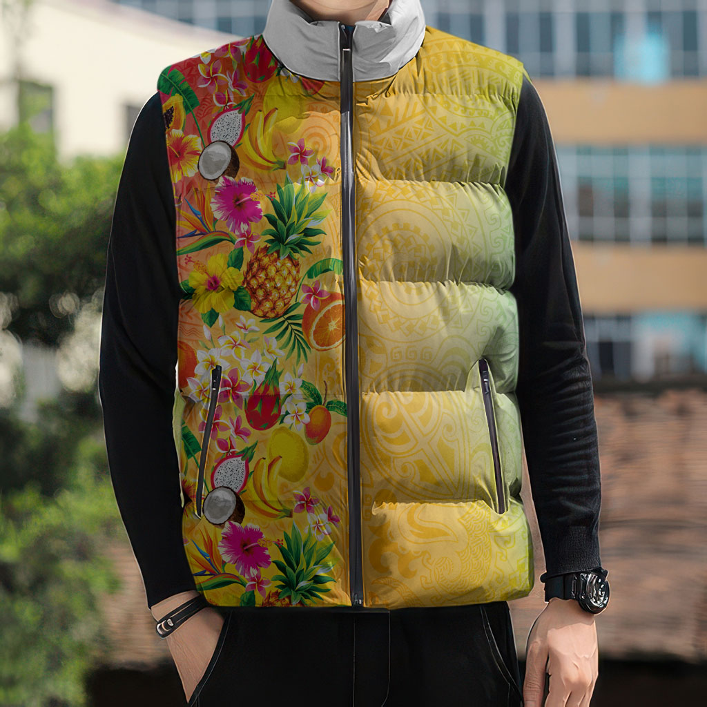 Hawaiian Tropical Fruits and Plants Sleeveless Puffer Jacket Kakau Pattern Summer Vibe