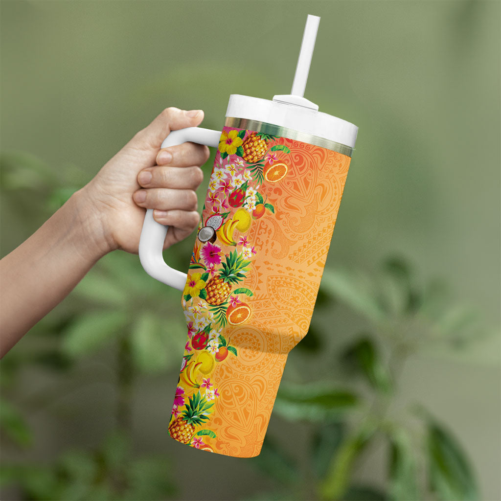 Hawaiian Tropical Fruits and Plants Tumbler With Handle Kakau Pattern Summer Vibe