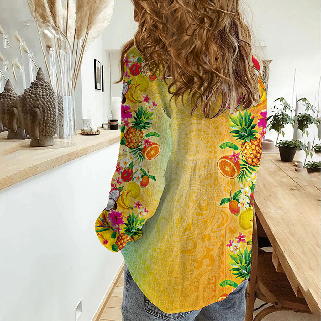 Hawaiian Tropical Fruits and Plants Women Casual Shirt Kakau Pattern Summer Vibe