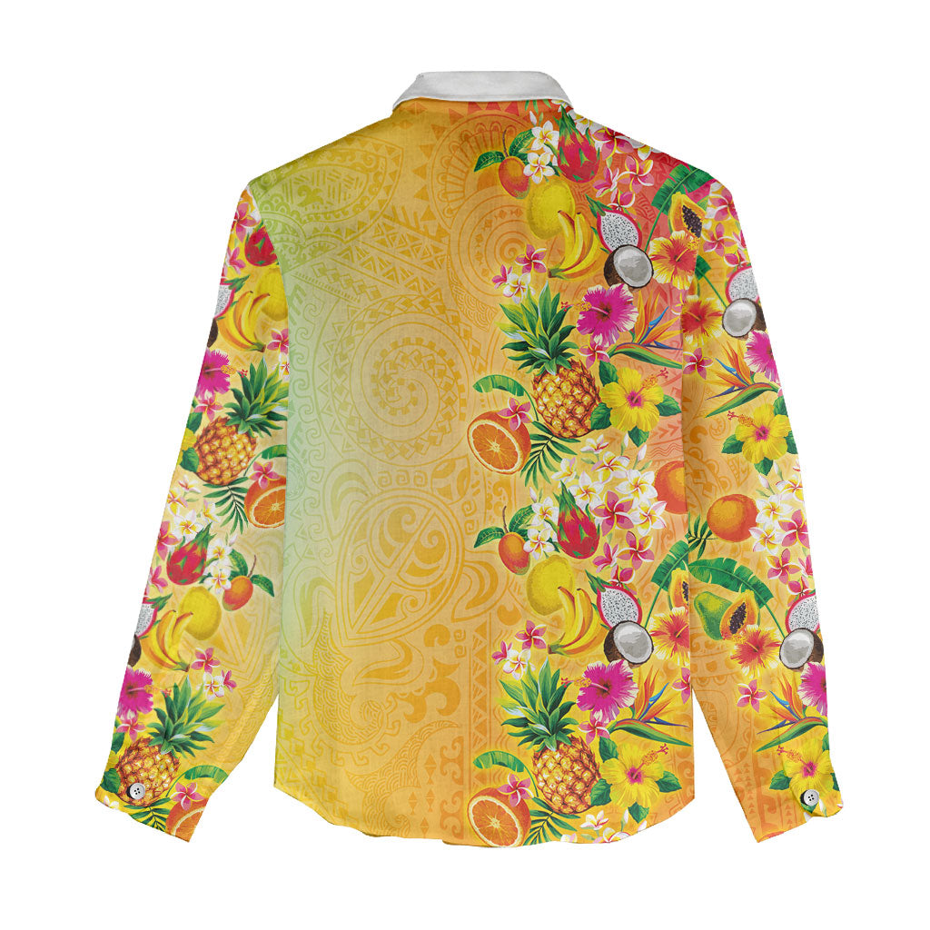 Hawaiian Tropical Fruits and Plants Women Casual Shirt Kakau Pattern Summer Vibe