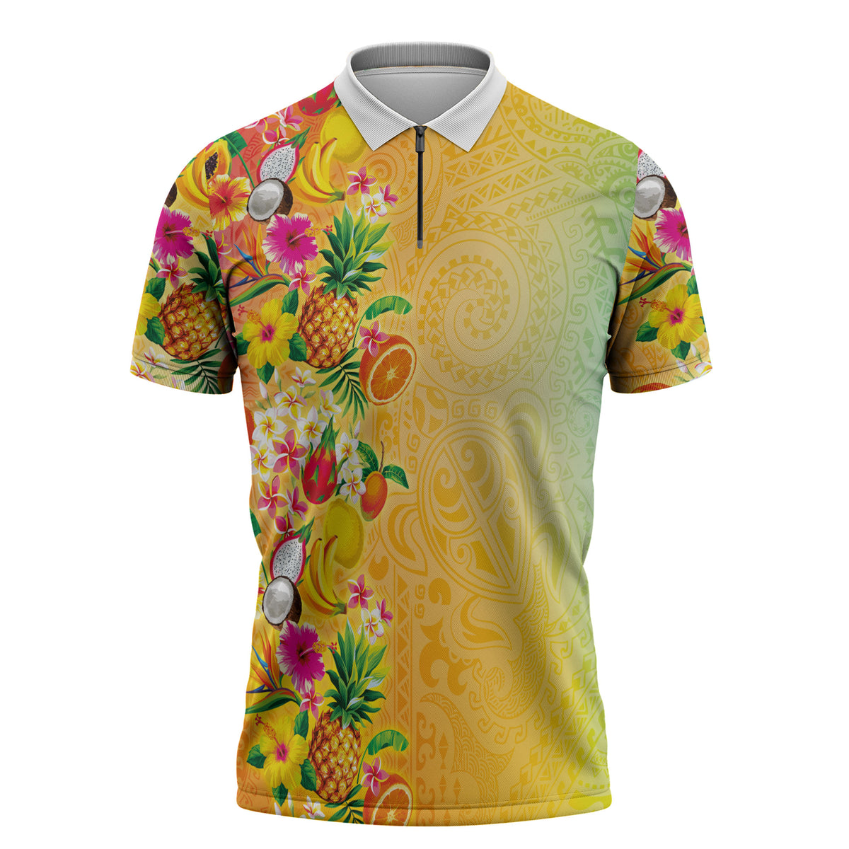 Hawaiian Tropical Fruits and Plants Zipper Polo Shirt Kakau Pattern Summer Vibe