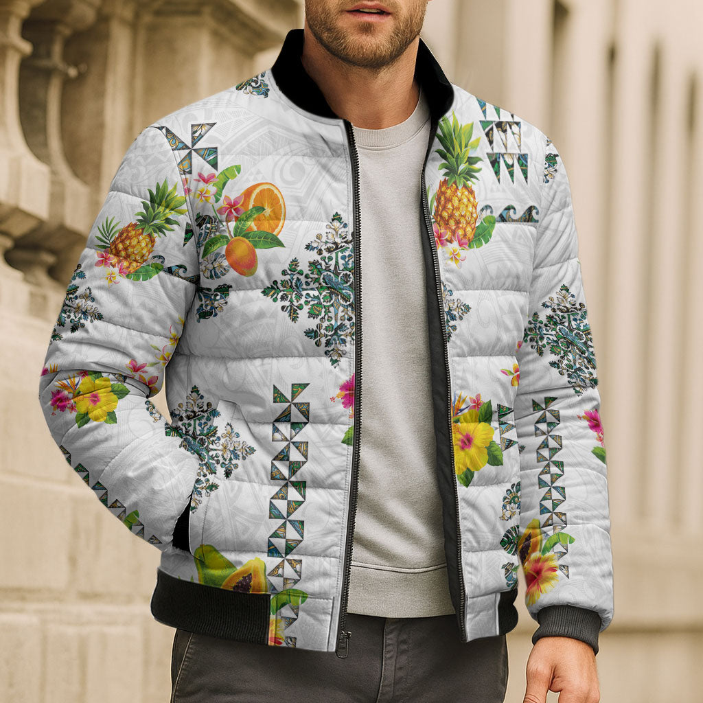 Hawaiian Quilts Bomber Puffer Jacket Tropical Fruits and Plants