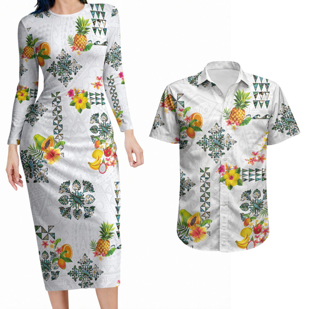 Hawaiian Quilts Couples Matching Long Sleeve Bodycon Dress and Hawaiian Shirt Tropical Fruits and Plants