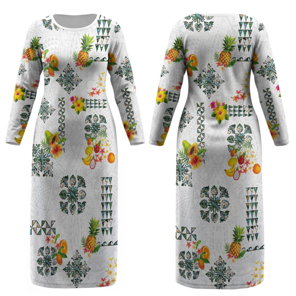 Hawaiian Quilts Couples Matching Long Sleeve Bodycon Dress and Hawaiian Shirt Tropical Fruits and Plants