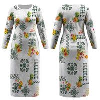 Hawaiian Quilts Couples Matching Long Sleeve Bodycon Dress and Hawaiian Shirt Tropical Fruits and Plants