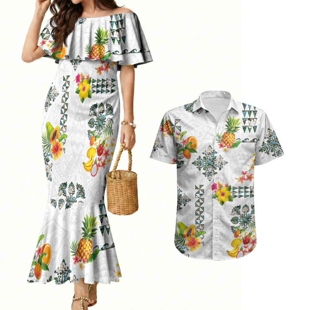 Hawaiian Quilts Couples Matching Mermaid Dress and Hawaiian Shirt Tropical Fruits and Plants