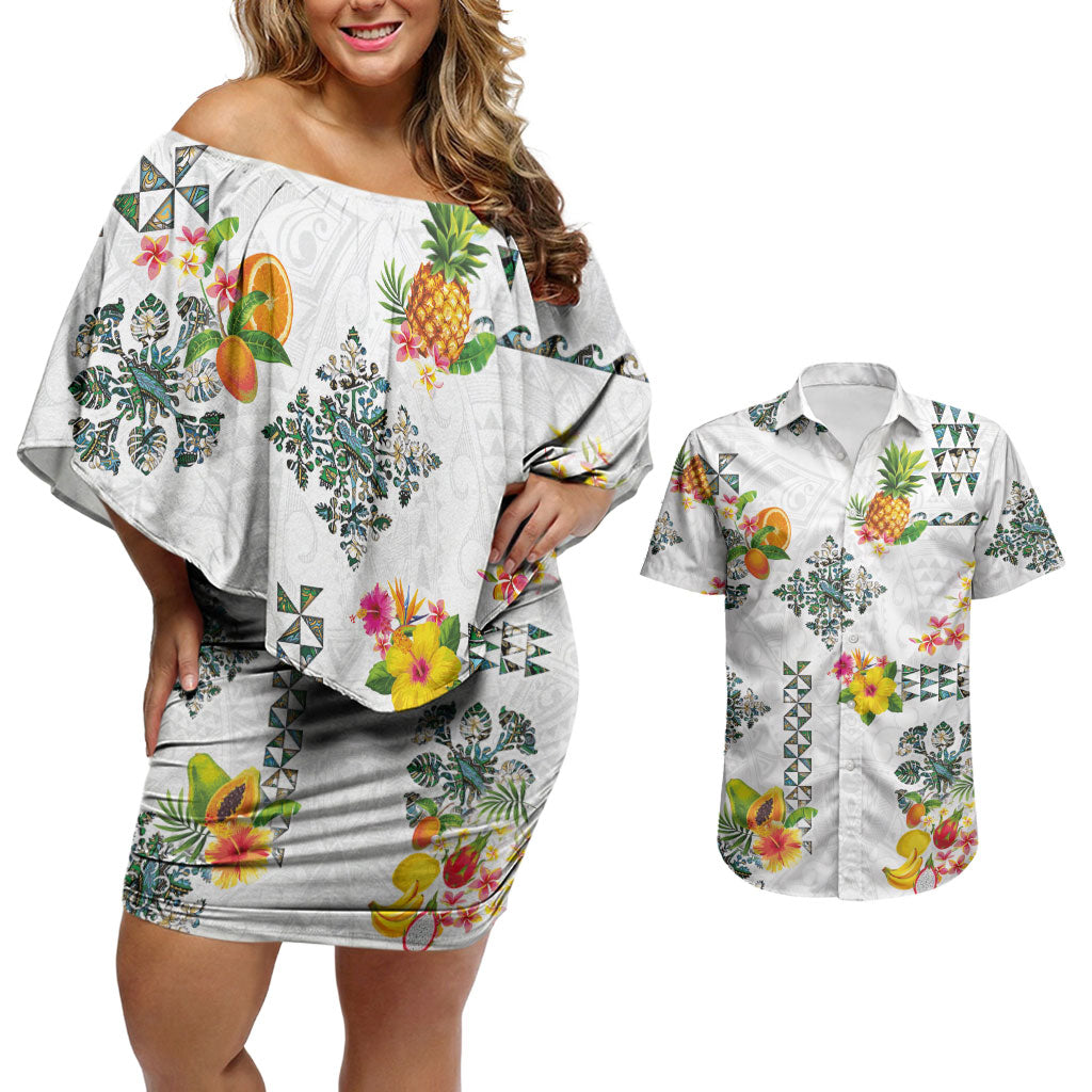 Hawaiian Quilts Couples Matching Off Shoulder Short Dress and Hawaiian Shirt Tropical Fruits and Plants