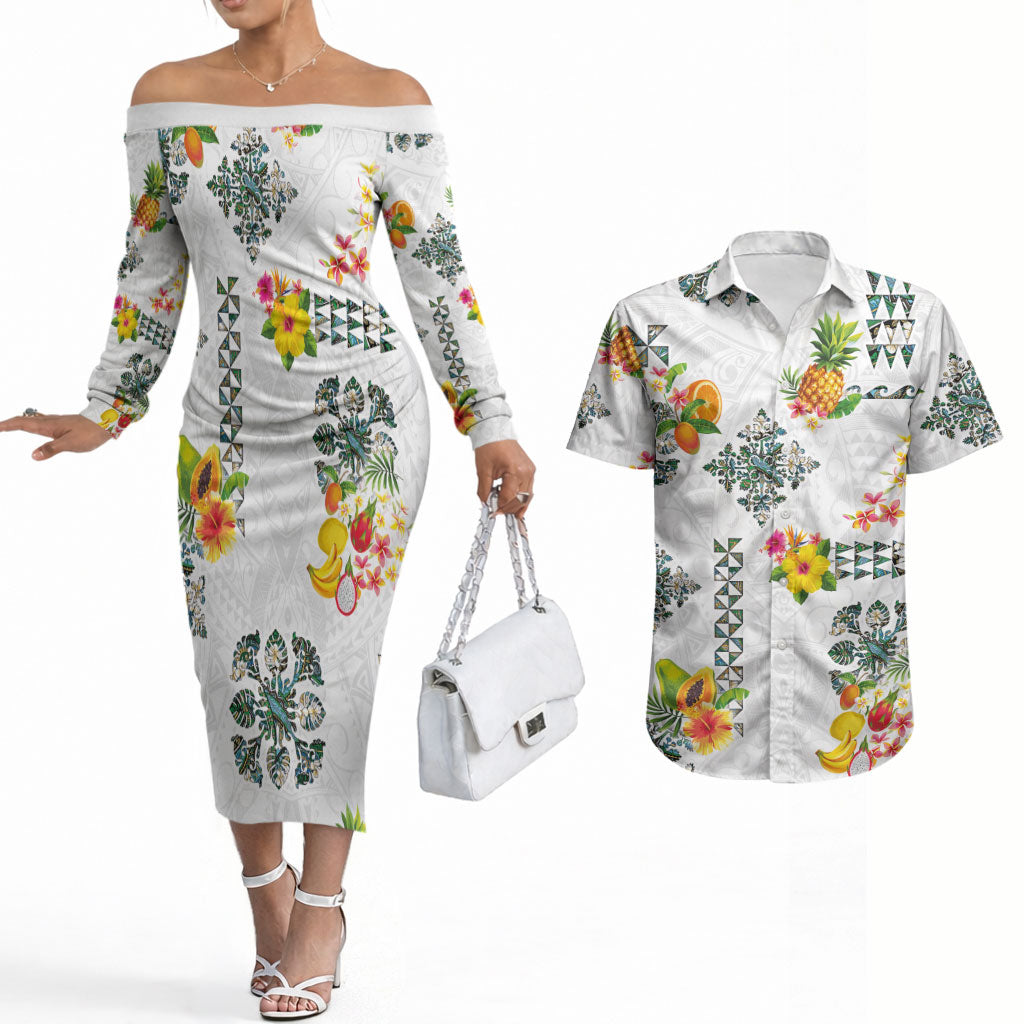 Hawaiian Quilts Couples Matching Off The Shoulder Long Sleeve Dress and Hawaiian Shirt Tropical Fruits and Plants