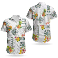 Hawaiian Quilts Couples Matching Off The Shoulder Long Sleeve Dress and Hawaiian Shirt Tropical Fruits and Plants