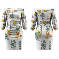 Hawaiian Quilts Couples Matching Off The Shoulder Long Sleeve Dress and Hawaiian Shirt Tropical Fruits and Plants