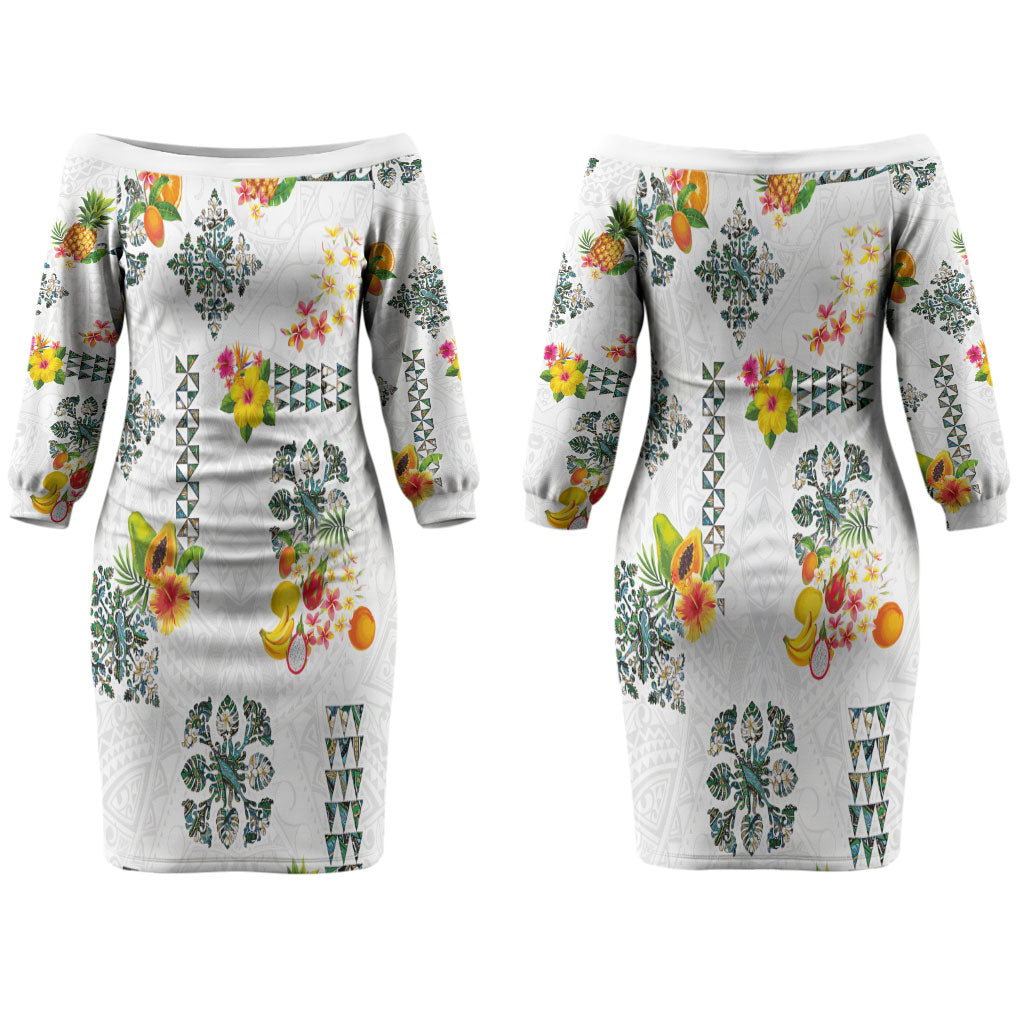 Hawaiian Quilts Couples Matching Off The Shoulder Long Sleeve Dress and Long Sleeve Button Shirt Tropical Fruits and Plants