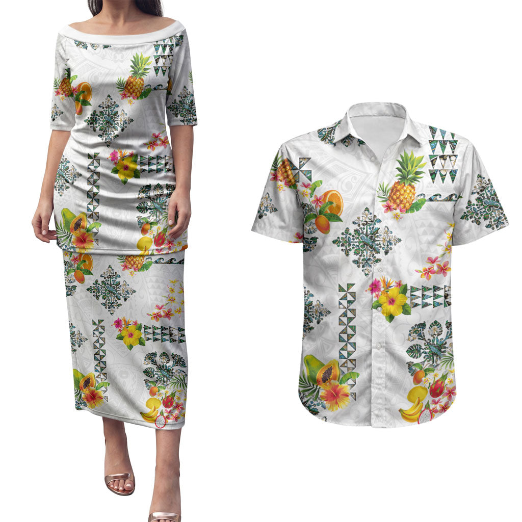 Hawaiian Quilts Couples Matching Puletasi and Hawaiian Shirt Tropical Fruits and Plants