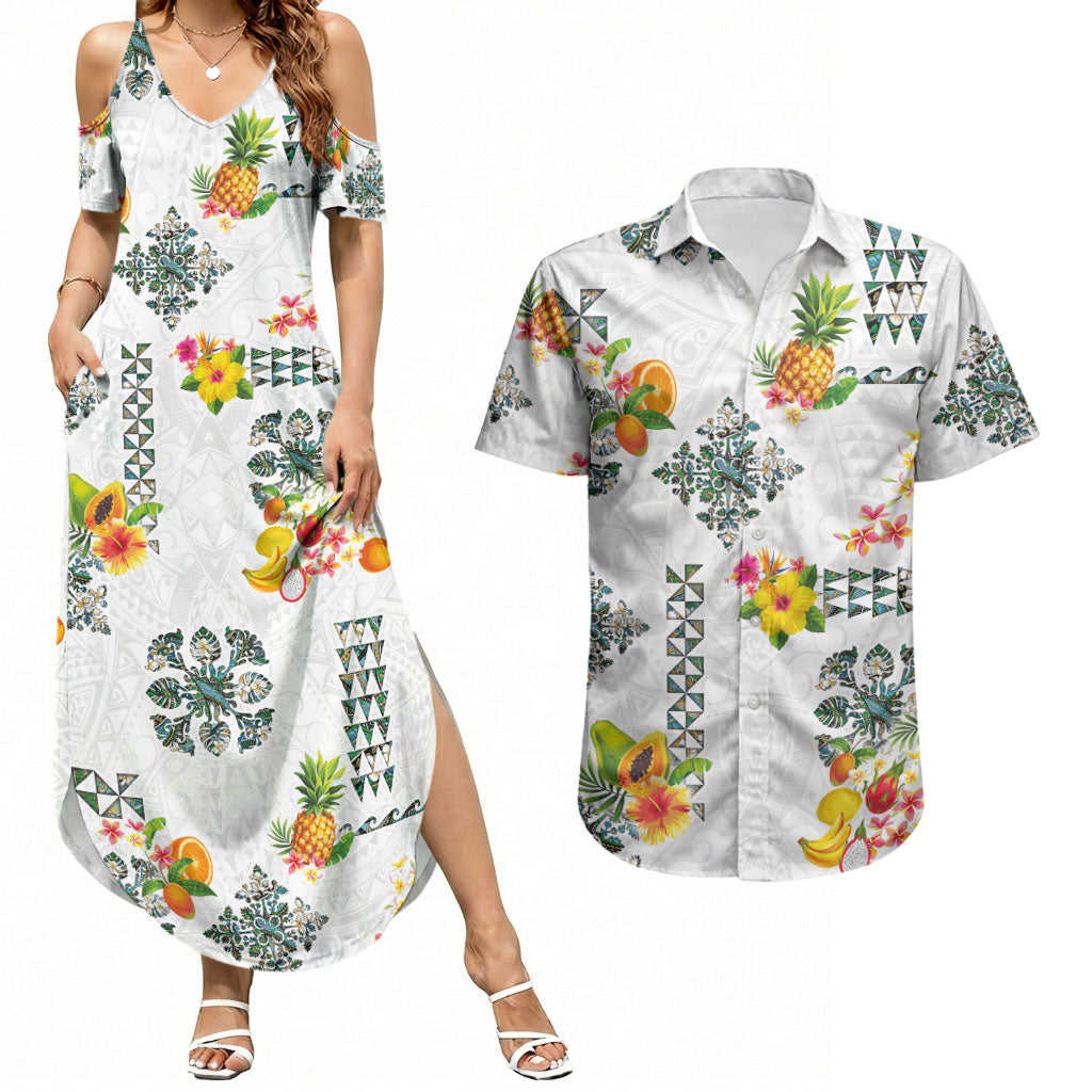 Hawaiian Quilts Couples Matching Summer Maxi Dress and Hawaiian Shirt Tropical Fruits and Plants