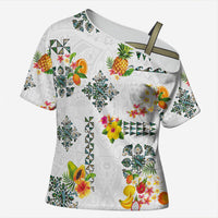 Hawaiian Quilts Cross Shoulder Shirt Tropical Fruits and Plants