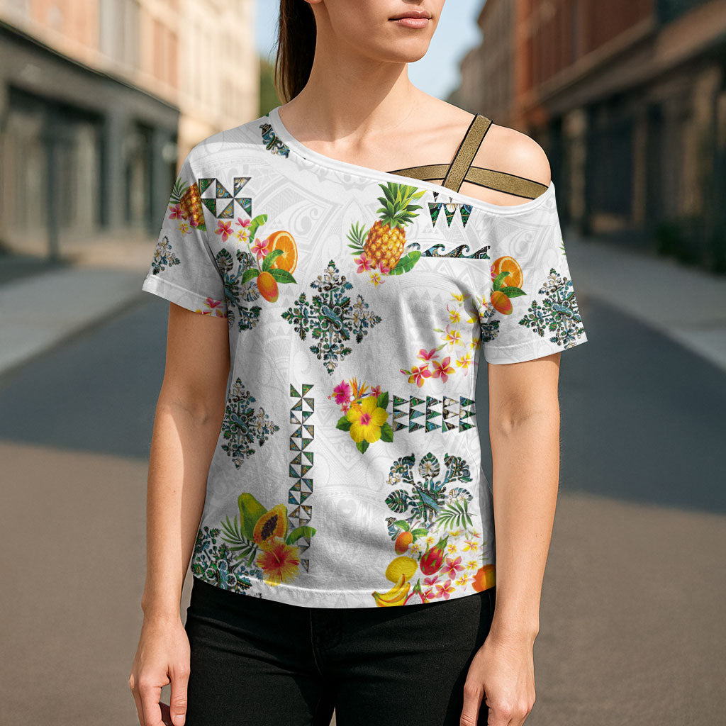 Hawaiian Quilts Cross Shoulder Shirt Tropical Fruits and Plants