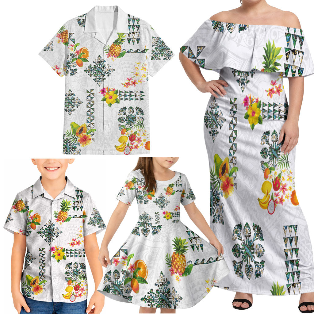 Hawaiian Quilts Family Matching Off Shoulder Maxi Dress and Hawaiian Shirt Tropical Fruits and Plants