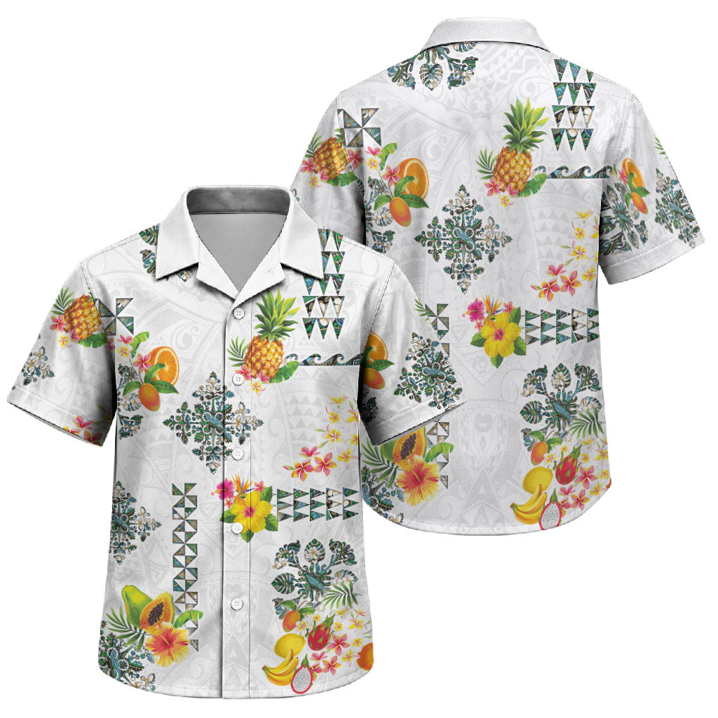 Hawaiian Quilts Family Matching Off Shoulder Short Dress and Hawaiian Shirt Tropical Fruits and Plants LT03 Son's Shirt White - Polynesian Pride