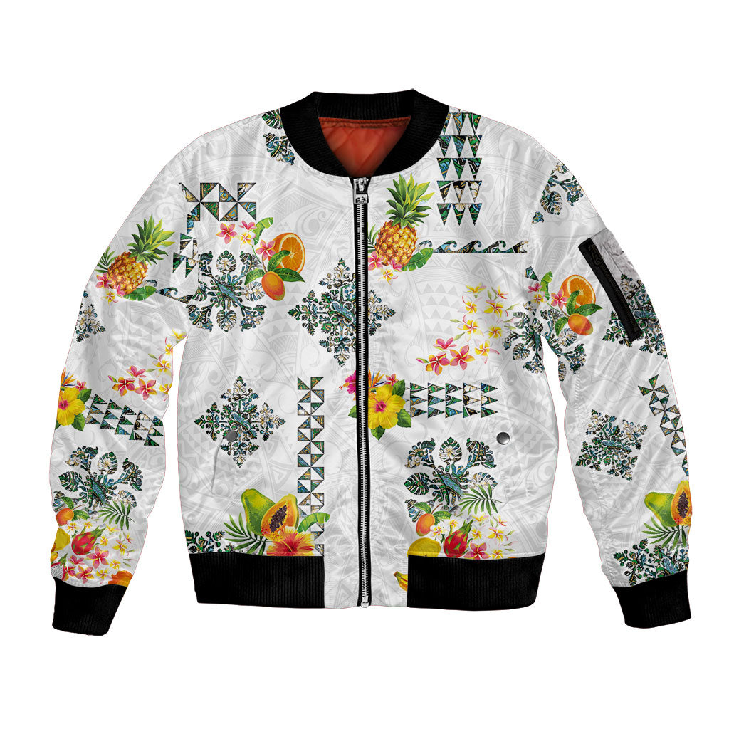 Hawaiian Quilts Sleeve Zip Bomber Jacket Tropical Fruits and Plants