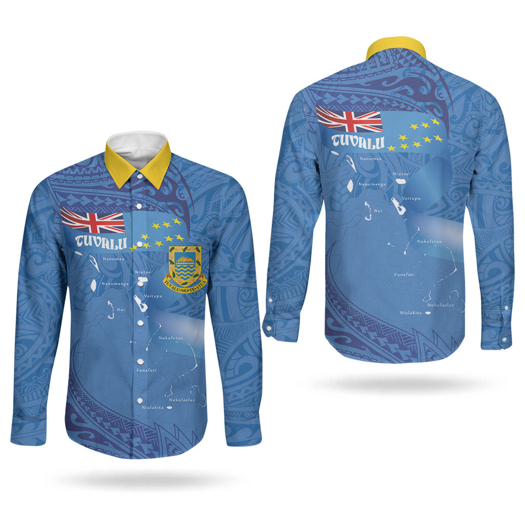 Tuvalu Heritage Couples Matching Long Sleeve Bodycon Dress and Long Sleeve Button Shirt Map of the Islands and Polynesia Pattern