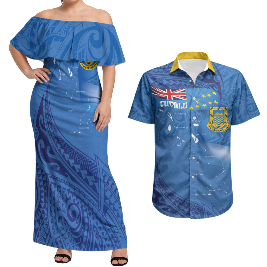 Tuvalu Heritage Couples Matching Off Shoulder Maxi Dress and Hawaiian Shirt Map of the Islands and Polynesia Pattern