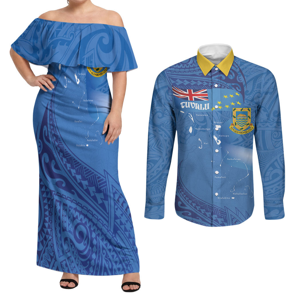 Tuvalu Heritage Couples Matching Off Shoulder Maxi Dress and Long Sleeve Button Shirt Map of the Islands and Polynesia Pattern
