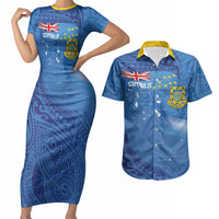 Tuvalu Heritage Couples Matching Short Sleeve Bodycon Dress and Hawaiian Shirt Map of the Islands and Polynesia Pattern LT03 Blue - Polynesian Pride