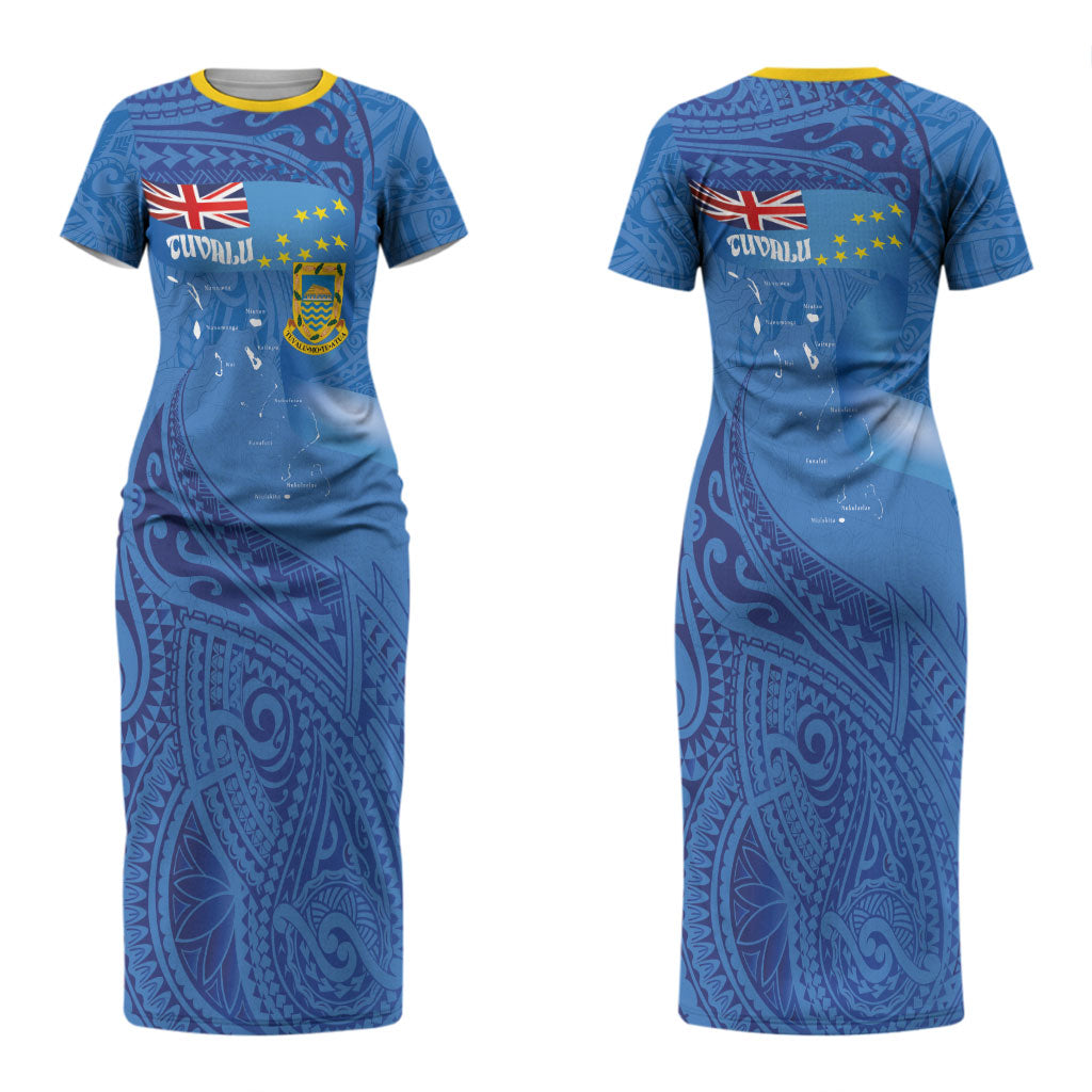 Tuvalu Heritage Couples Matching Short Sleeve Bodycon Dress and Long Sleeve Button Shirt Map of the Islands and Polynesia Pattern