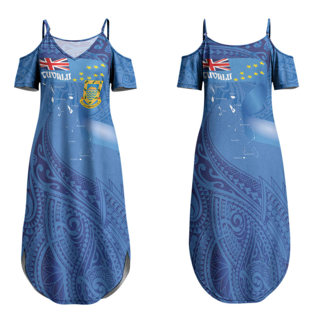Tuvalu Heritage Couples Matching Summer Maxi Dress and Hawaiian Shirt Map of the Islands and Polynesia Pattern