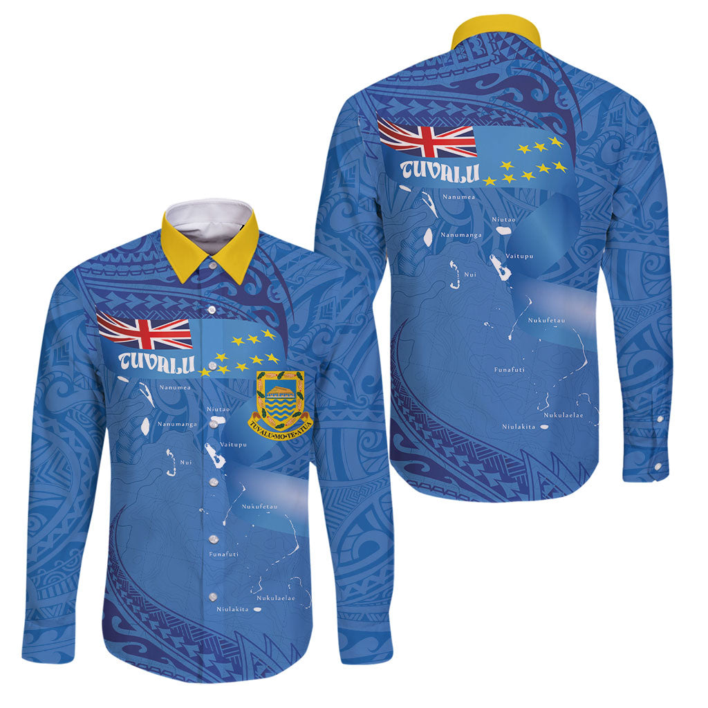 Tuvalu Heritage Family Matching Long Sleeve Bodycon Dress and Hawaiian Shirt Map of the Islands and Polynesia Pattern