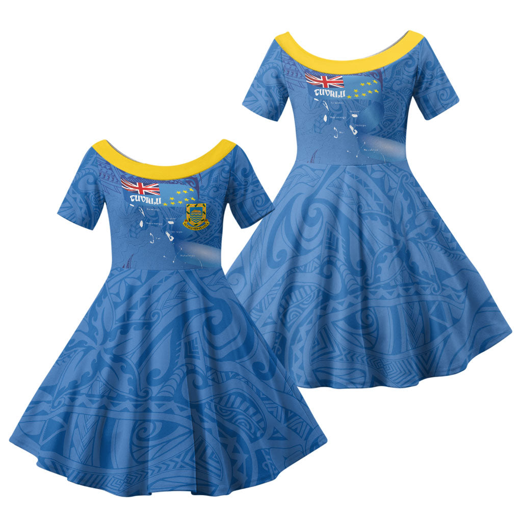 Tuvalu Heritage Family Matching Tank Maxi Dress and Hawaiian Shirt Map of the Islands and Polynesia Pattern
