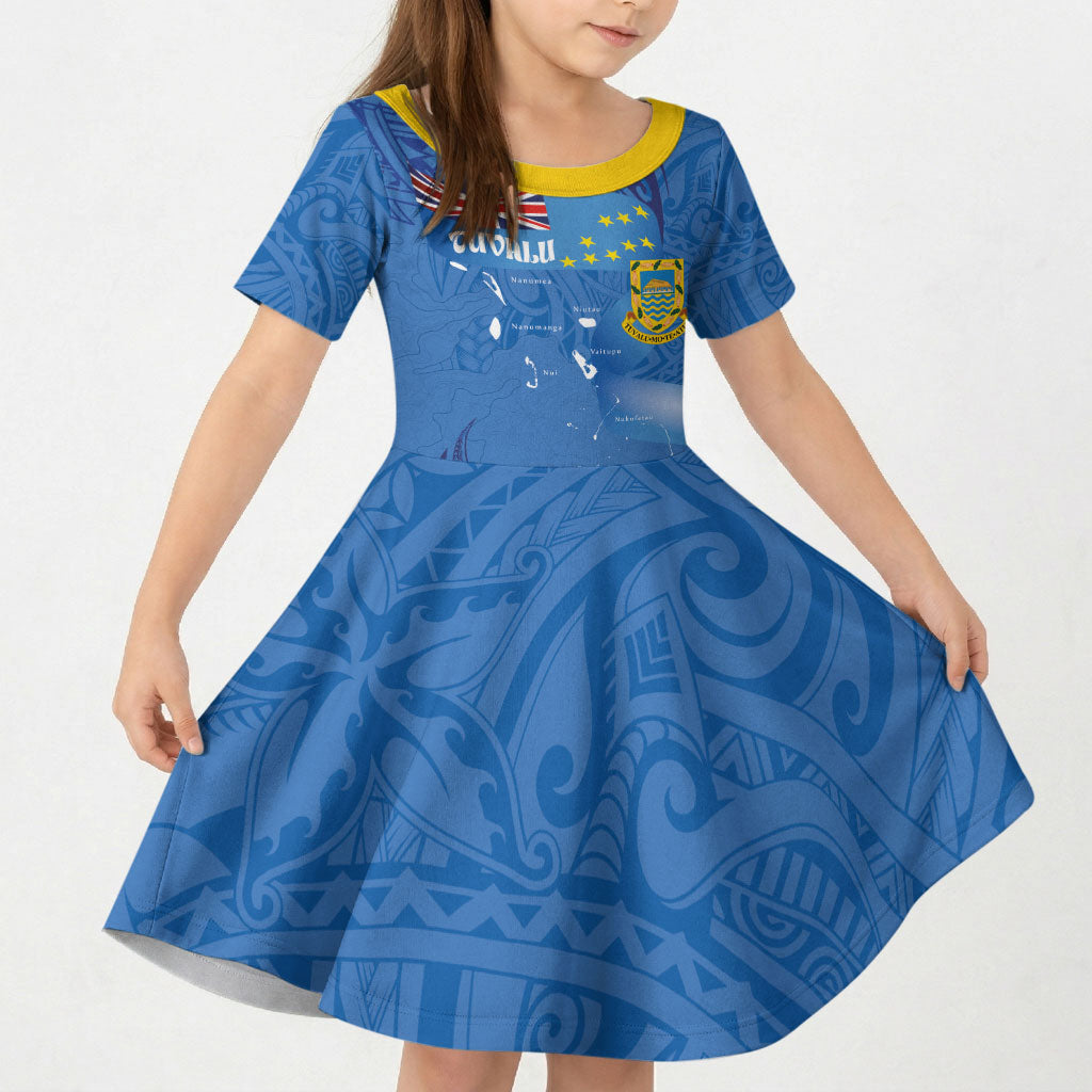 Tuvalu Heritage Kid Short Sleeve Dress Map of the Islands and Polynesia Pattern