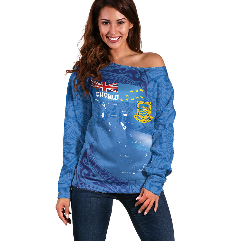 Tuvalu Heritage Off Shoulder Sweater Map of the Islands and Polynesia Pattern