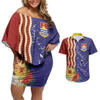 Kiribati Heritage Couples Matching Off Shoulder Short Dress and Hawaiian Shirt Map of the Islands and Polynesia Pattern
