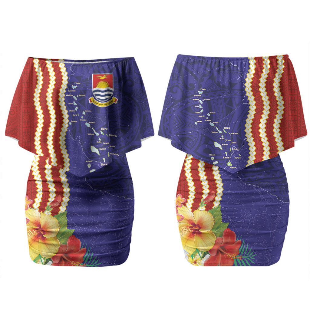 Kiribati Heritage Couples Matching Off Shoulder Short Dress and Hawaiian Shirt Map of the Islands and Polynesia Pattern