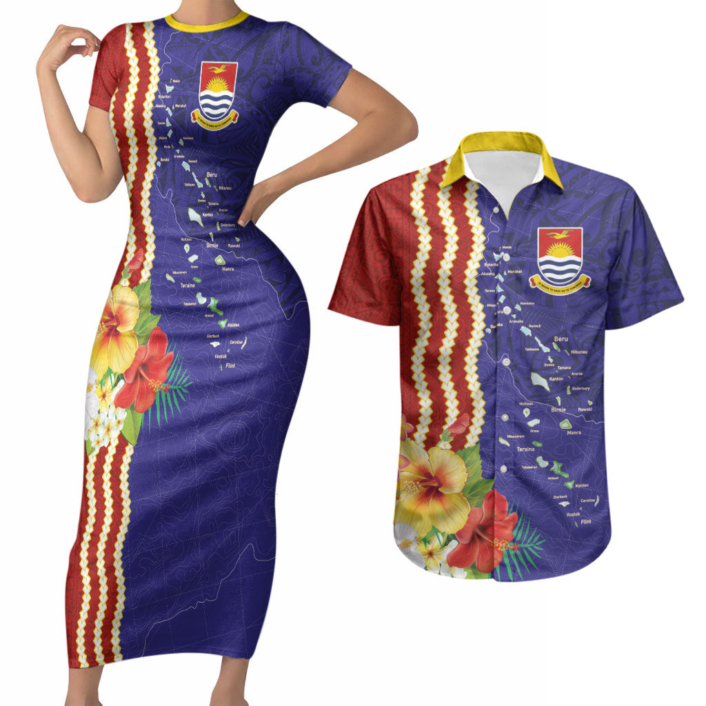 Kiribati Heritage Couples Matching Short Sleeve Bodycon Dress and Hawaiian Shirt Map of the Islands and Polynesia Pattern